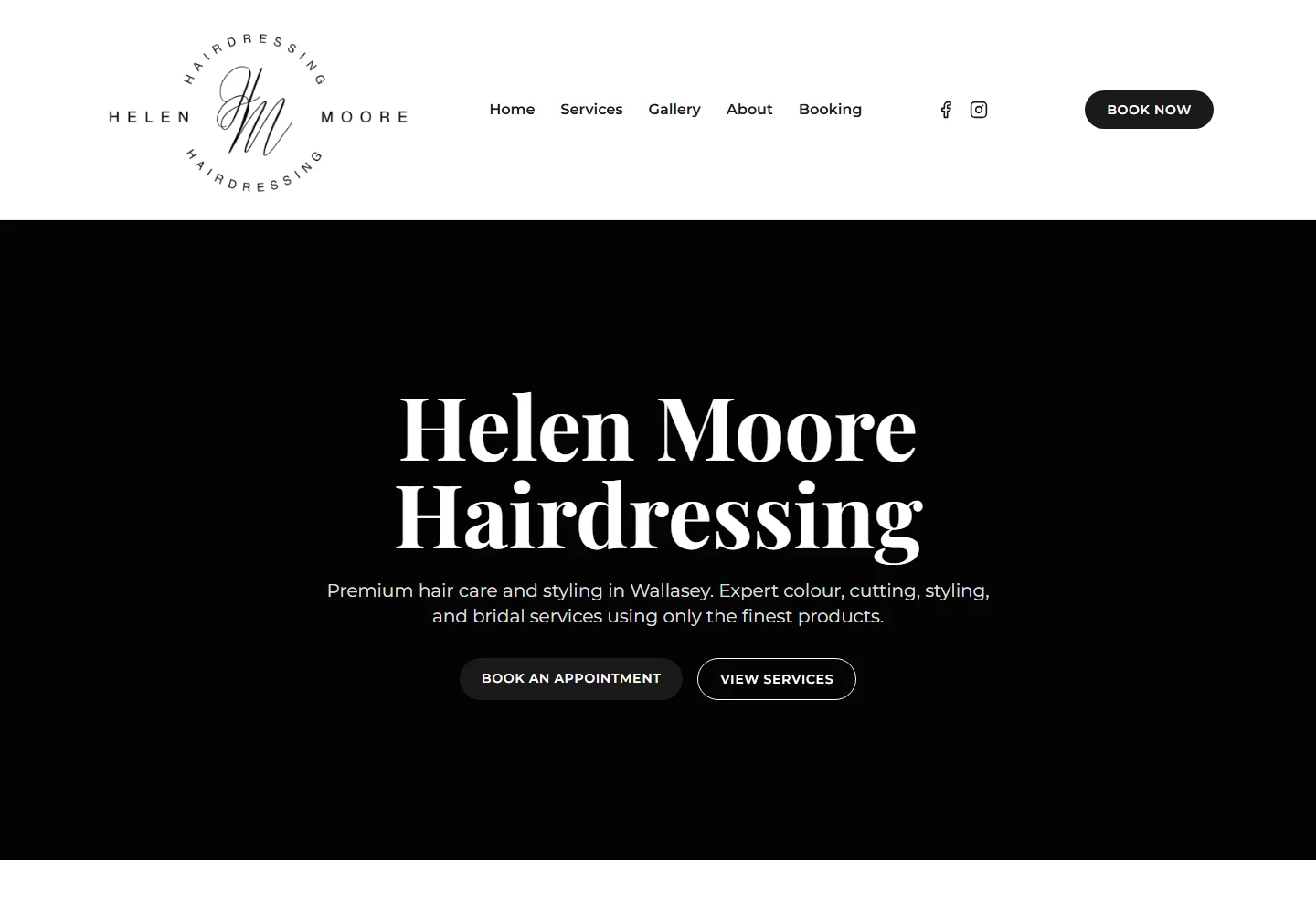 Helen Moore's homepage with services and appointment buttons